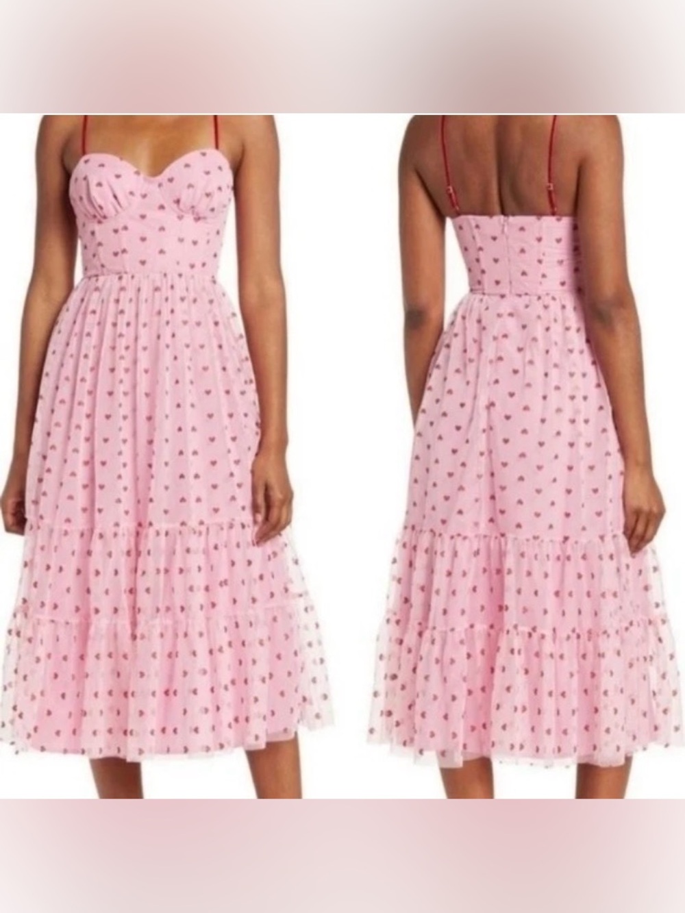 Betsey Johnson Pink Mesh Tulle Midi Dress Glitter Heart Sweetheart Coquette